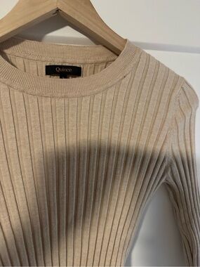 Quince Cream Beige Fitted Neutral Minimalist Ribbed Crew Sweater | S